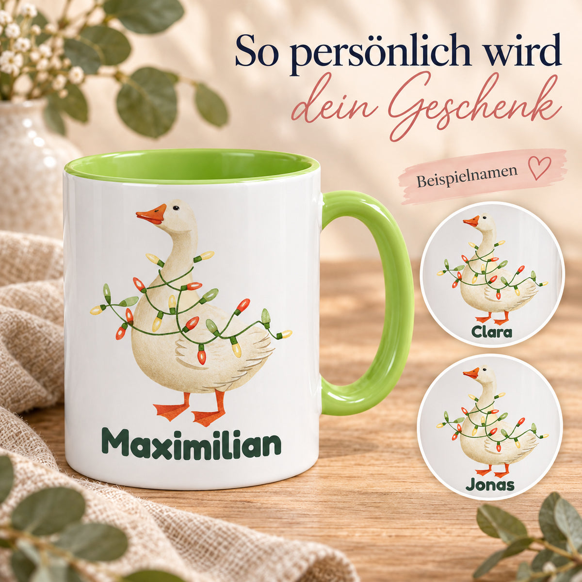 Personalisierung der Tasse mit Gans mit Lichterkette: Maximilian auf der Tasse sowie Namensdetails mit Clara und Jonas