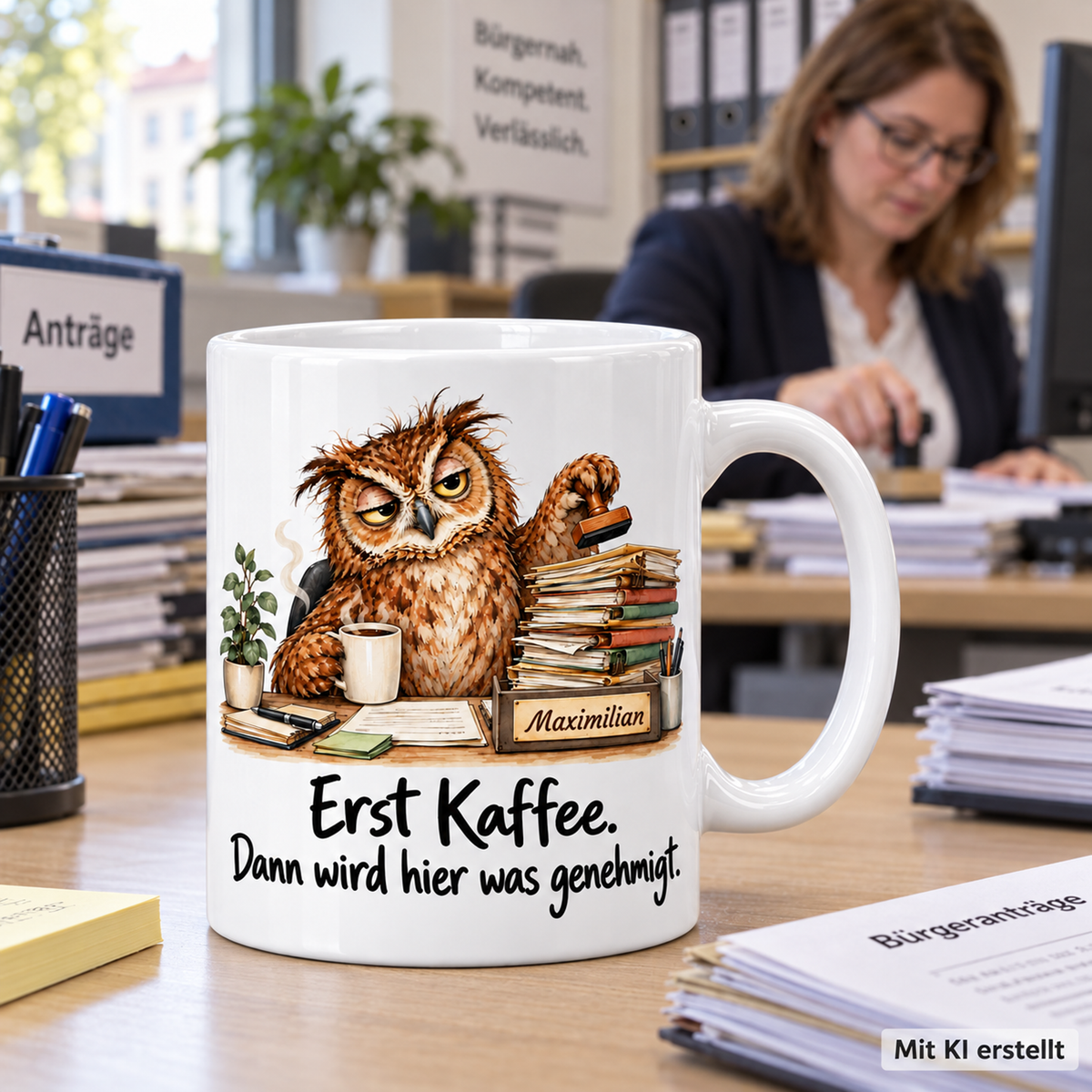 Personalisierte Verwaltung / Sachbearbeitung-Tasse mit Tiermotiv und Wunschname auf einer Arbeitsfläche; passende Berufsszene mit arbeitender Person unscharf im Hintergrund. Mit KI erstellt.