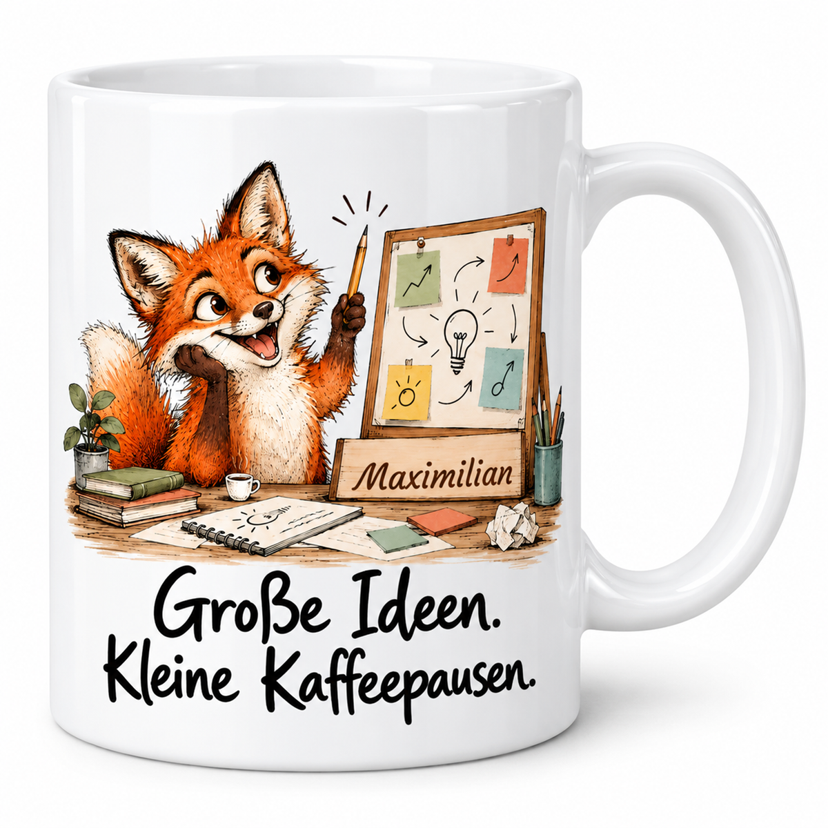 Marketing: weiße Tasse mit Fuchs-Berufsmotiv, Spruch und Beispielname Maximilian – Hauptansicht