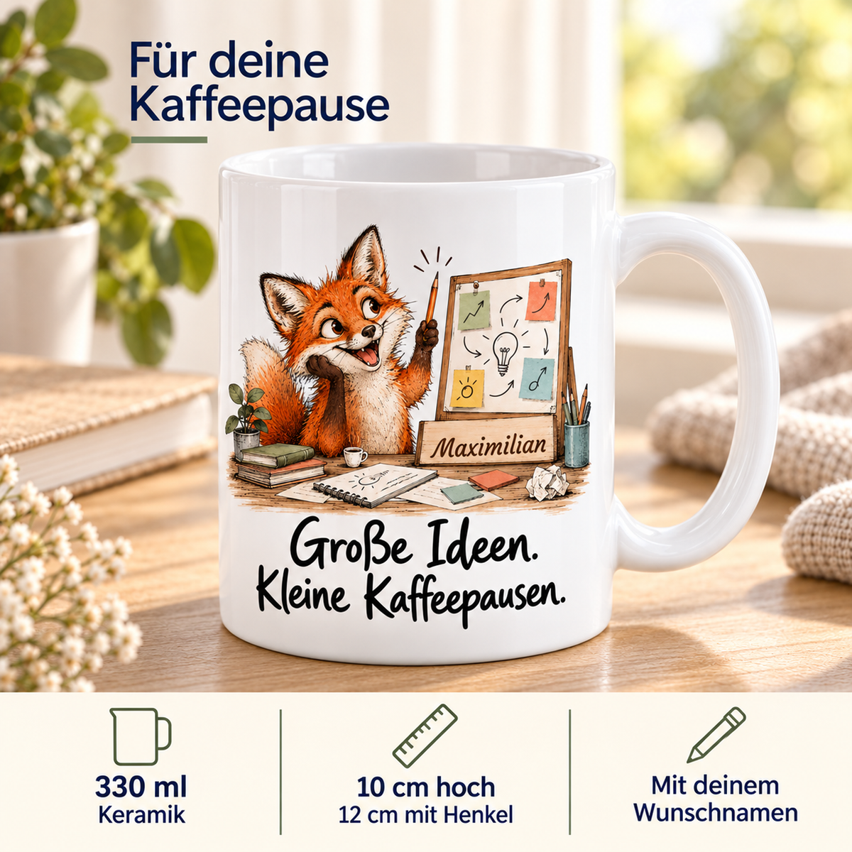 Marketing: weiße Tasse mit Fuchs-Berufsmotiv, Spruch und Beispielname Maximilian – Eigenschaften