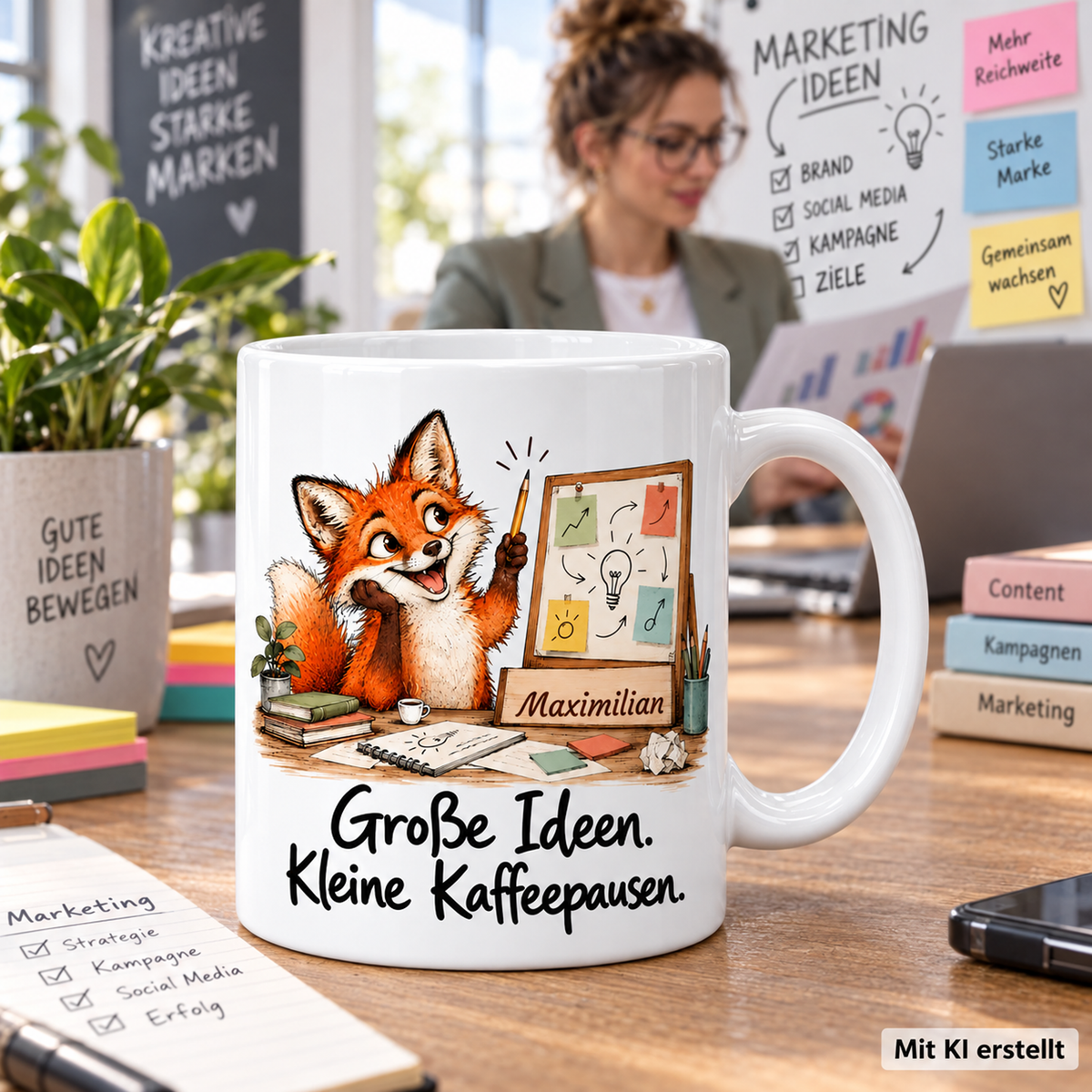 Personalisierte Marketing-Tasse mit Tiermotiv und Wunschname auf einer Arbeitsfläche; passende Berufsszene mit arbeitender Person unscharf im Hintergrund. Mit KI erstellt.