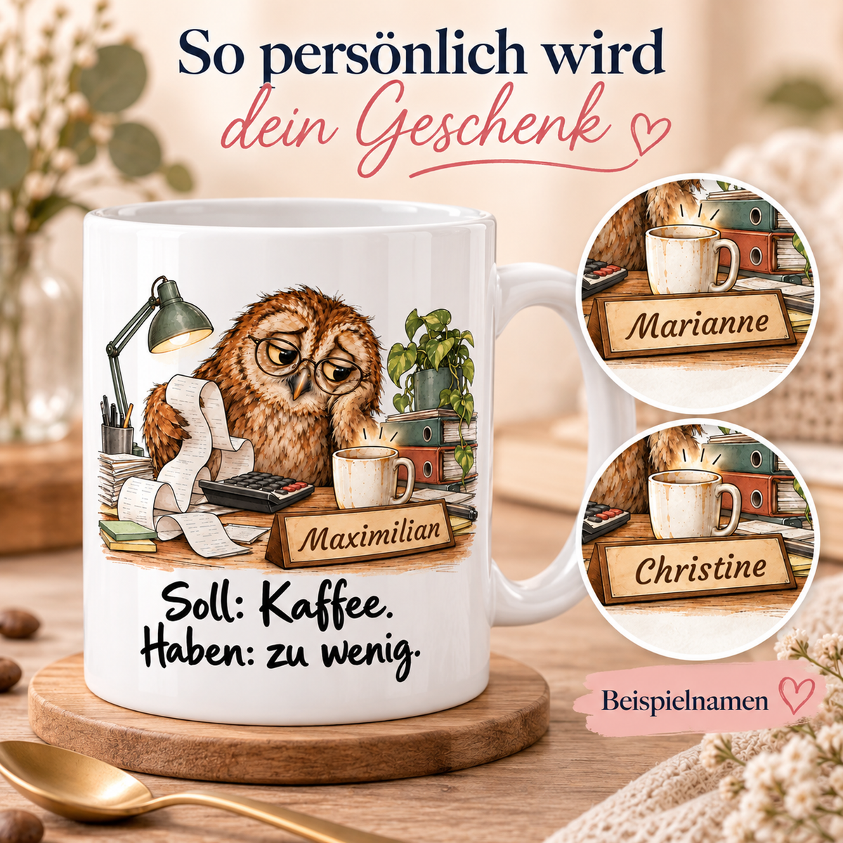 Buchhaltung: weiße Tasse mit Eule-Berufsmotiv, Spruch und Beispielname Maximilian – Personalisierungsbeispiele