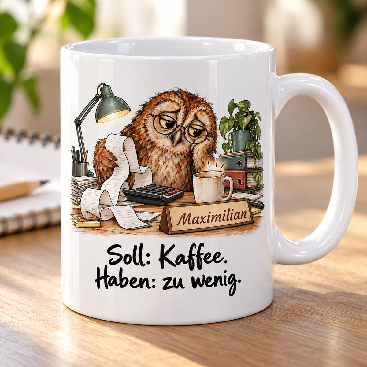 Buchhaltung: weiße Tasse mit Eule-Berufsmotiv, Spruch und Beispielname Maximilian – Alltagsszene
