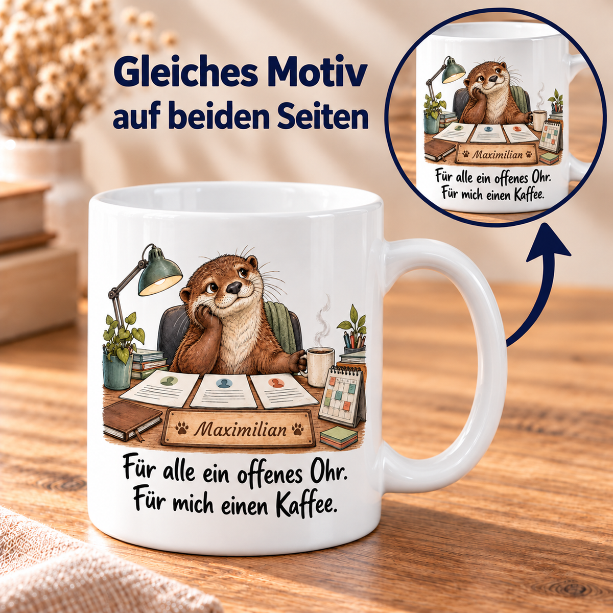 Personalwesen: weiße Tasse mit Otter-Berufsmotiv, Spruch und Beispielname Maximilian – beidseitiger Druck