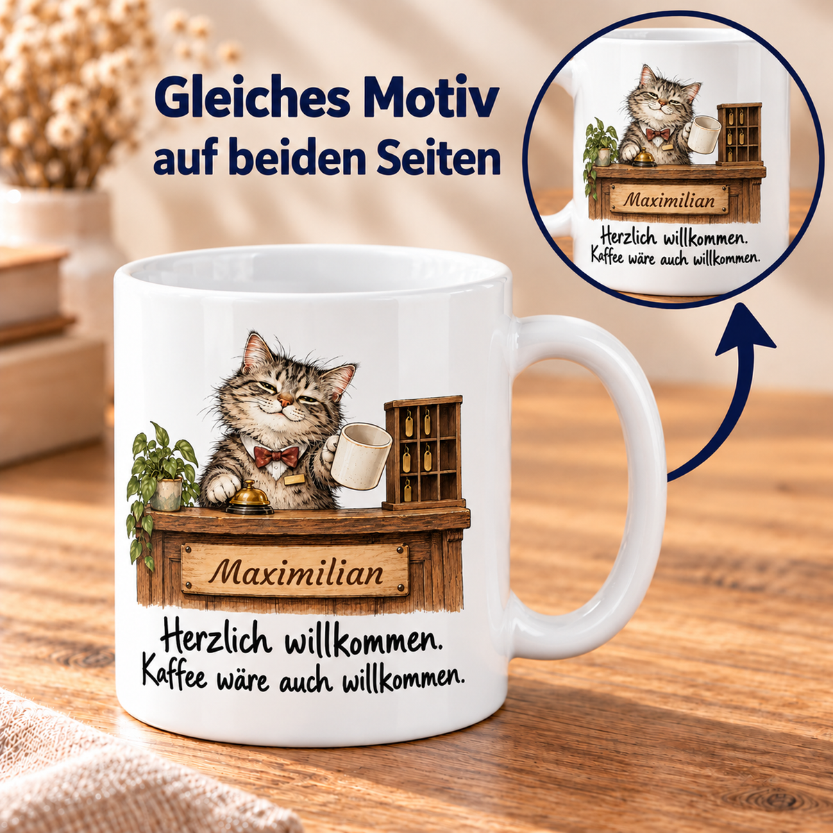 Empfang: weiße Tasse mit Katze-Berufsmotiv, Spruch und Beispielname Maximilian – beidseitiger Druck