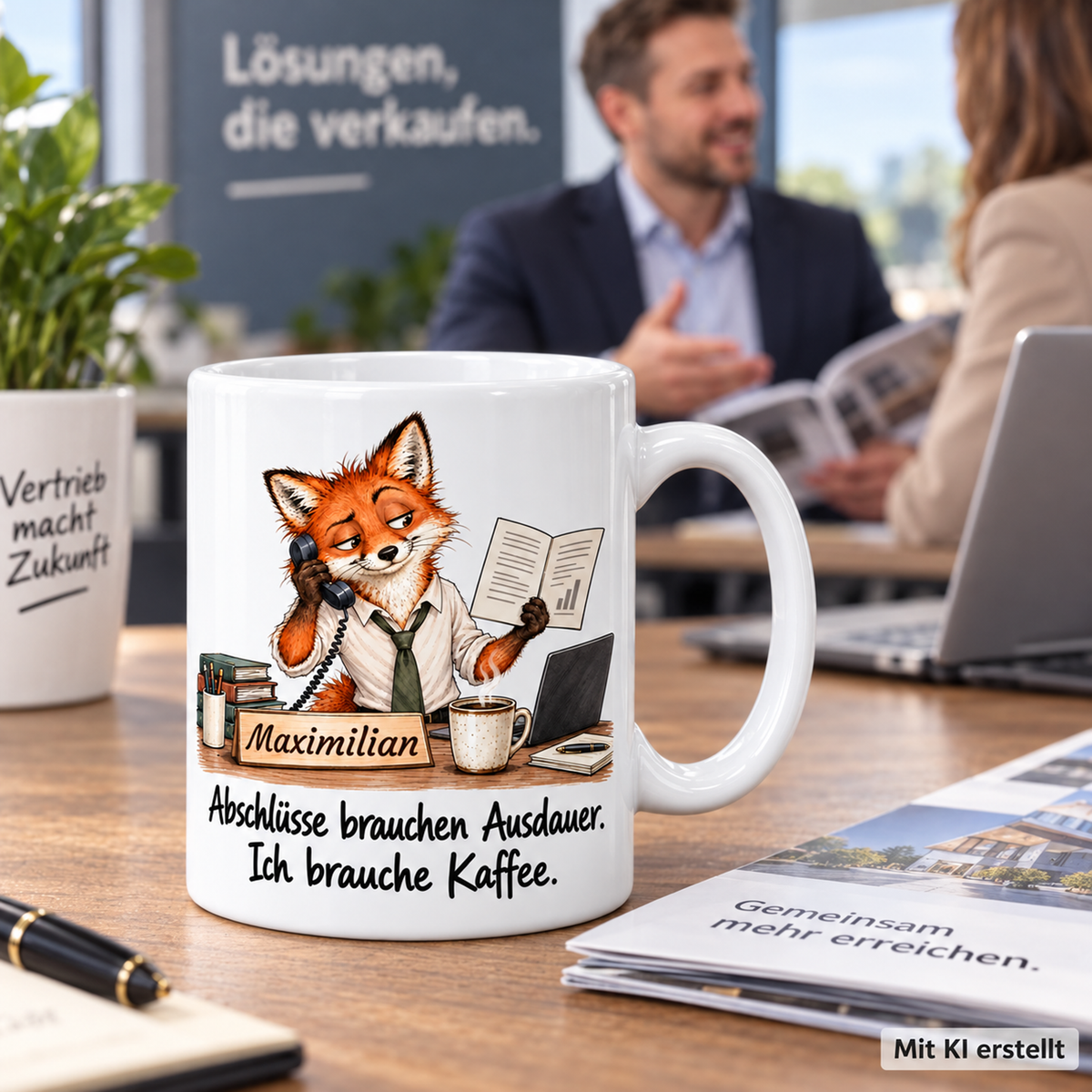 Personalisierte Vertrieb-Tasse mit Tiermotiv und Wunschname auf einer Arbeitsfläche; passende Berufsszene mit arbeitender Person unscharf im Hintergrund. Mit KI erstellt.