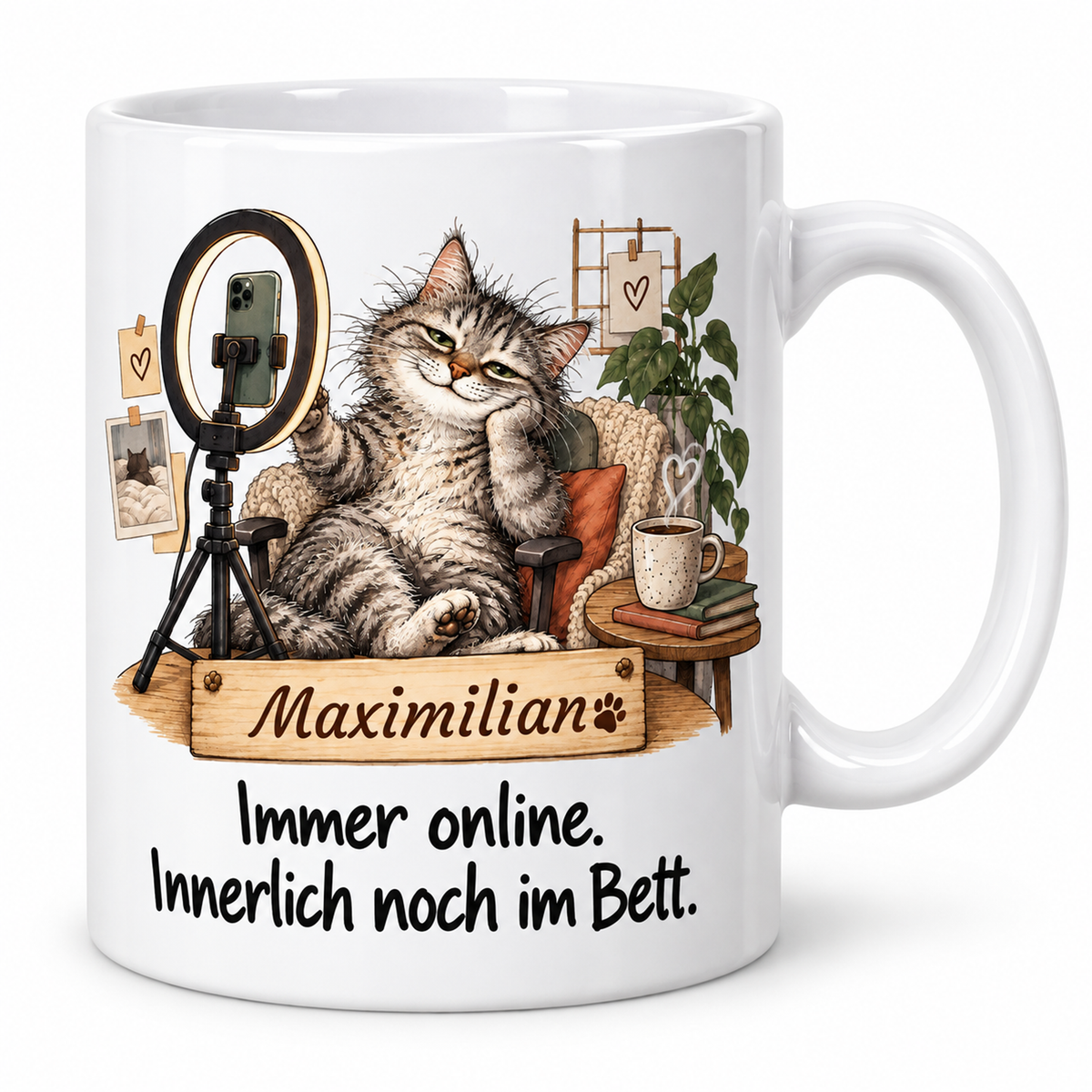 Social Media: weiße Tasse mit Katze-Berufsmotiv, Spruch und Beispielname Maximilian – Hauptansicht