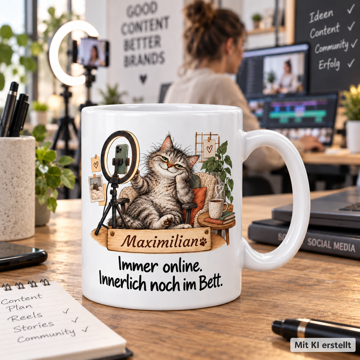 Personalisierte Social-Media-Management-Tasse mit Tiermotiv und Wunschname auf einer Arbeitsfläche; passende Berufsszene mit arbeitender Person unscharf im Hintergrund. Mit KI erstellt.
