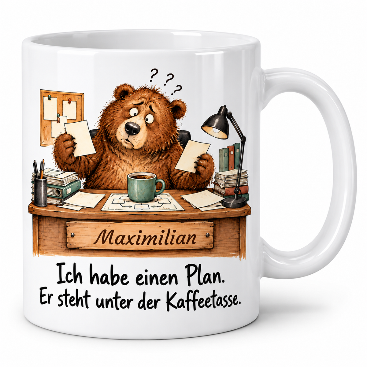 Teamleitung: weiße Tasse mit Bär-Berufsmotiv, Spruch und Beispielname Maximilian – Hauptansicht