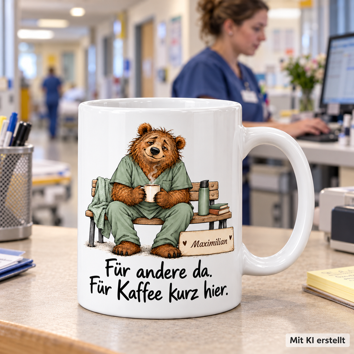 Personalisierte Pflege-Tasse mit Tiermotiv und Wunschname auf einer Arbeitsfläche; passende Berufsszene mit arbeitender Person unscharf im Hintergrund. Mit KI erstellt.