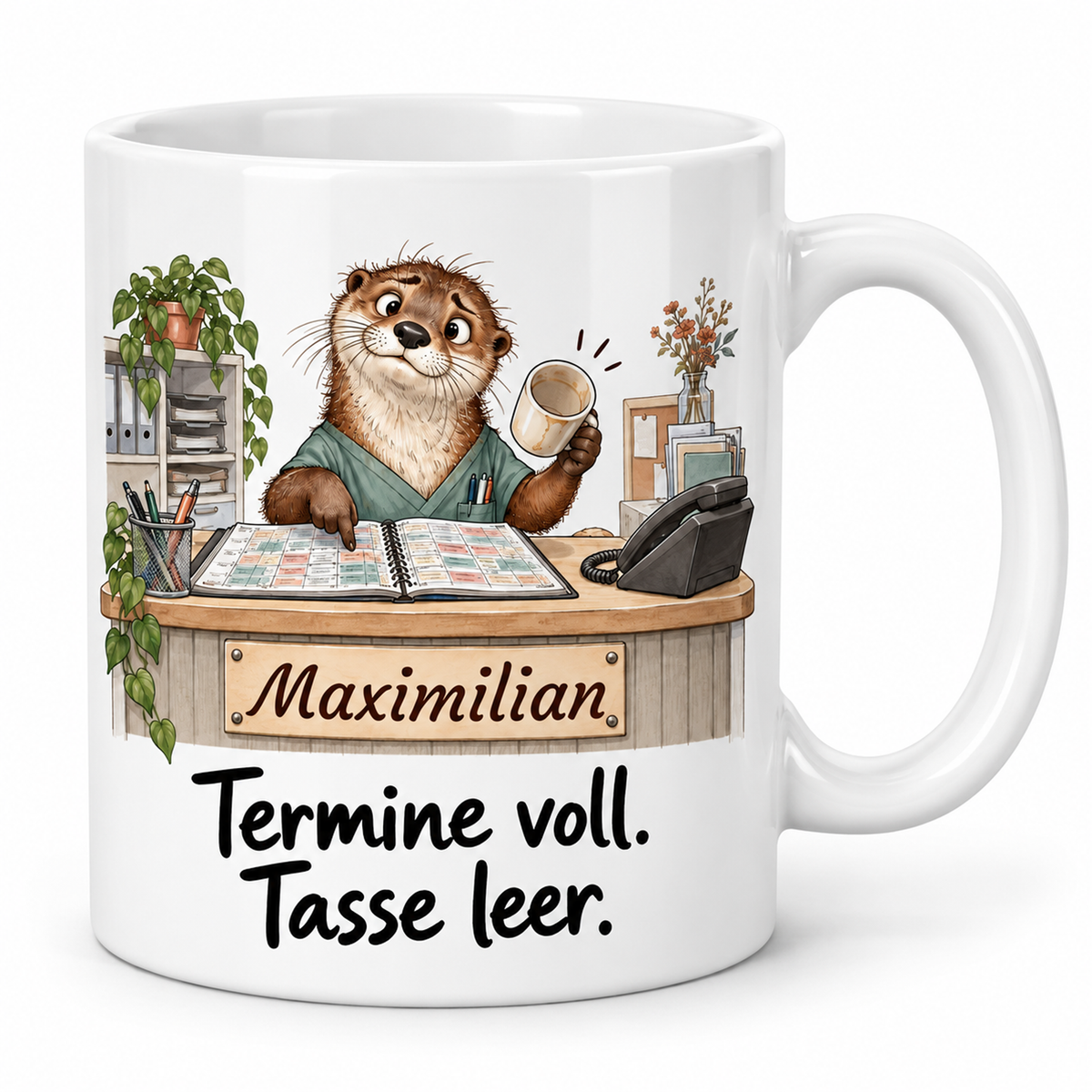 Arztpraxis: weiße Tasse mit Otter-Berufsmotiv, Spruch und Beispielname Maximilian – Hauptansicht