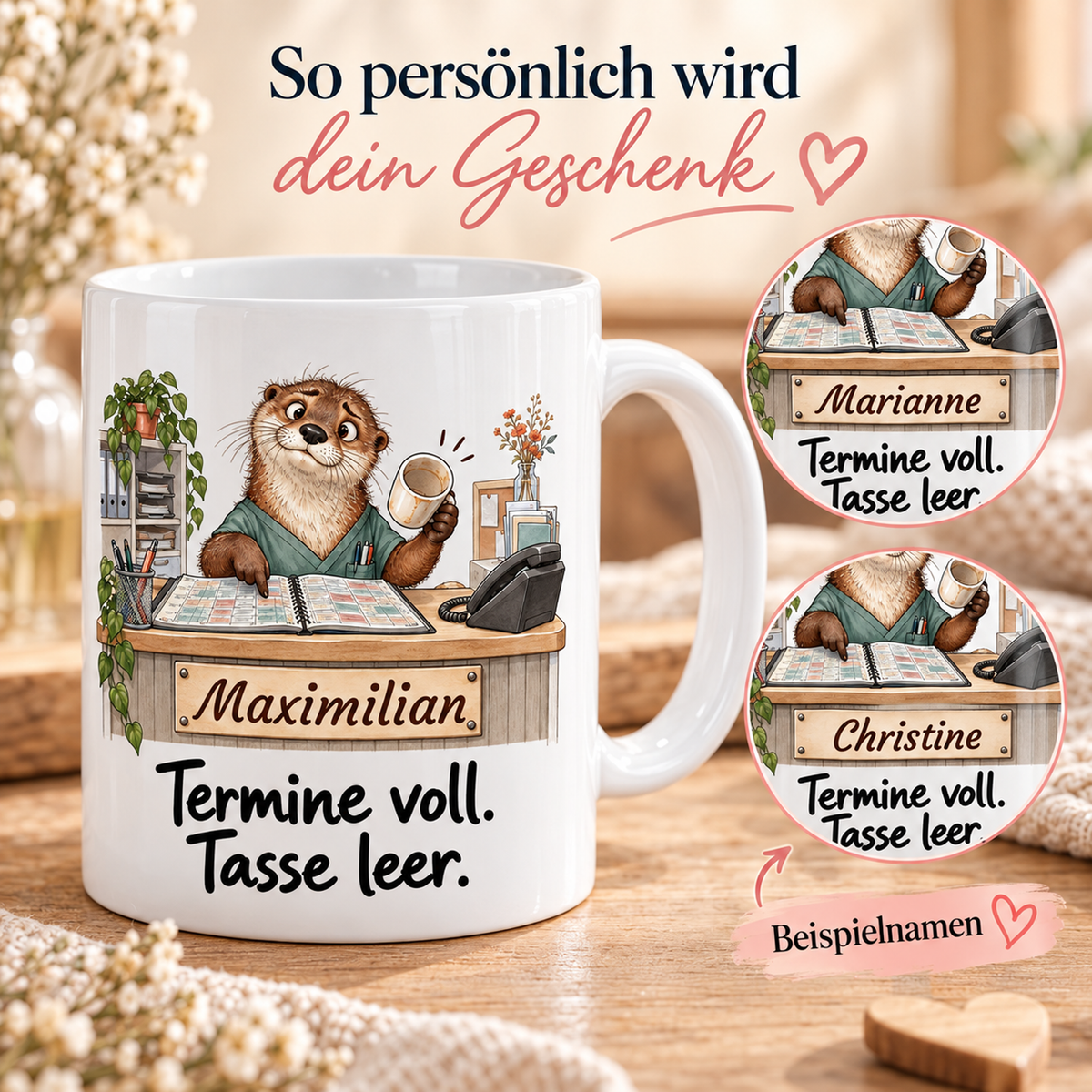 Arztpraxis: weiße Tasse mit Otter-Berufsmotiv, Spruch und Beispielname Maximilian – Personalisierungsbeispiele