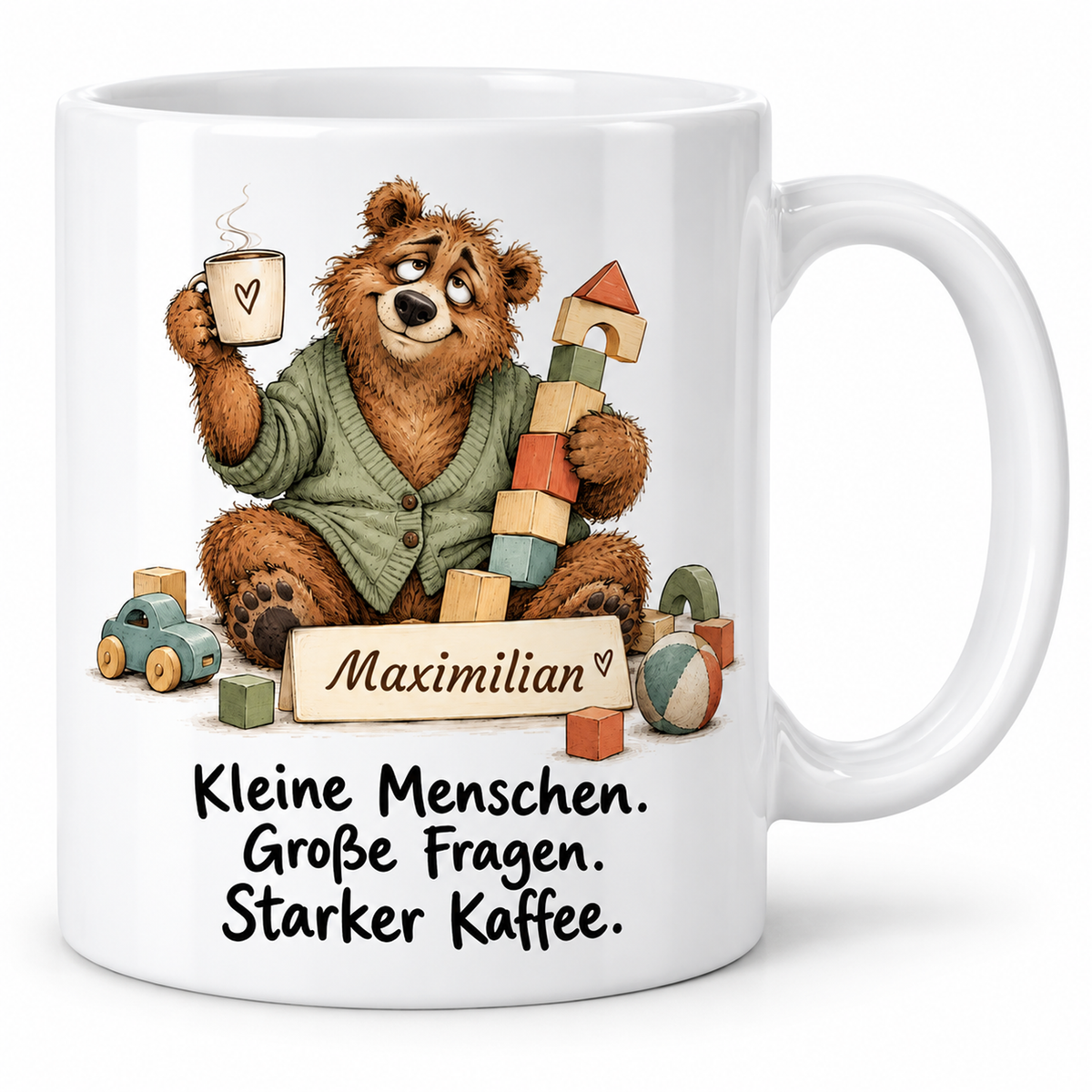 Kita: weiße Tasse mit Bär-Berufsmotiv, Spruch und Beispielname Maximilian – Hauptansicht