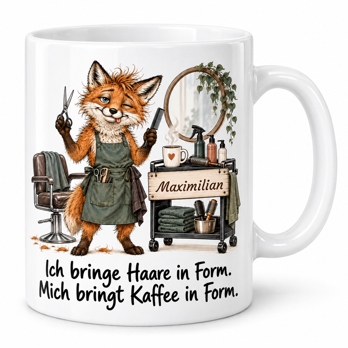 Friseur: weiße Tasse mit Fuchs-Berufsmotiv, Spruch und Beispielname Maximilian – Hauptansicht