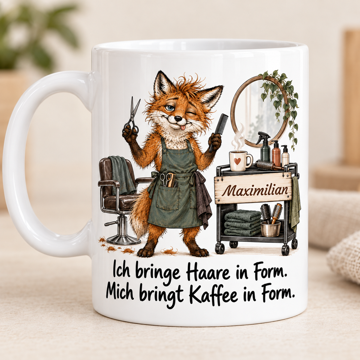 Friseur: weiße Tasse mit Fuchs-Berufsmotiv, Spruch und Beispielname Maximilian – bedruckte Rückseite