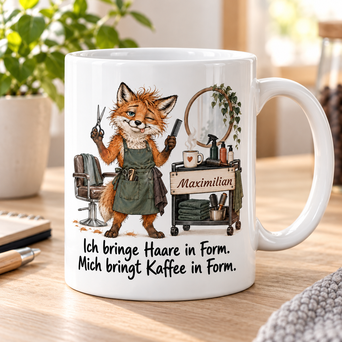Friseur: weiße Tasse mit Fuchs-Berufsmotiv, Spruch und Beispielname Maximilian – Alltagsszene