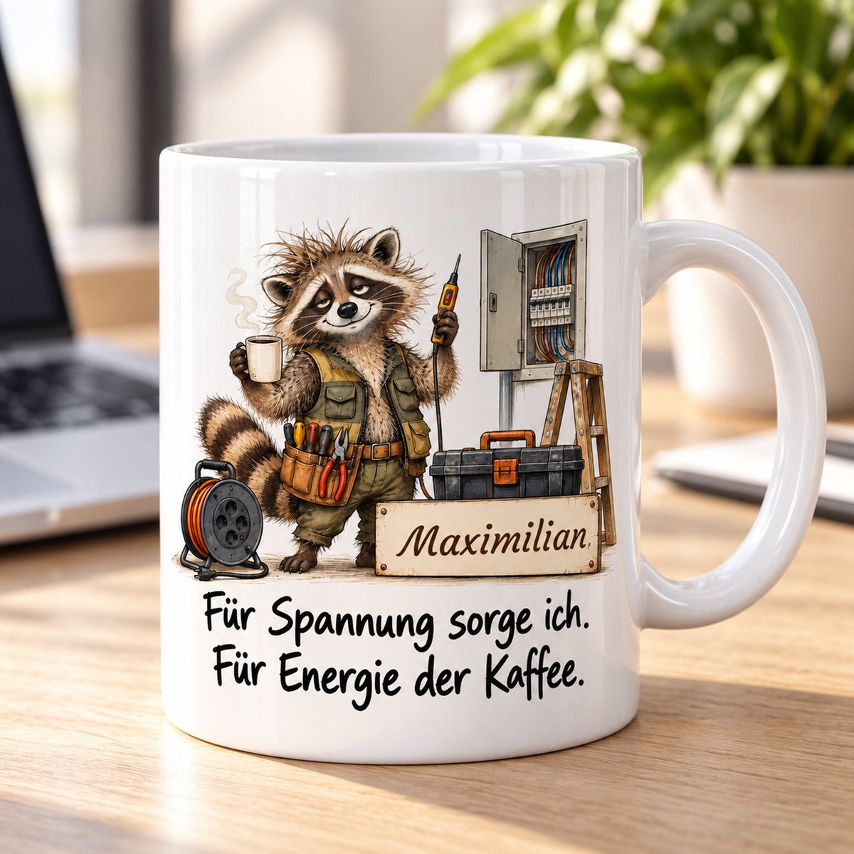 Elektrik: weiße Tasse mit Waschbär-Berufsmotiv, Spruch und Beispielname Maximilian – Alltagsszene