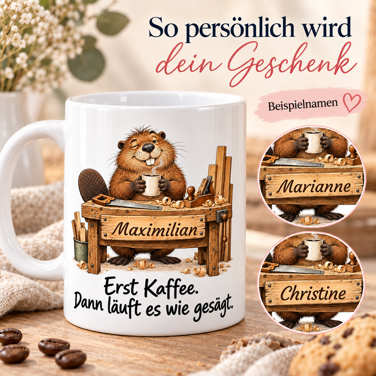 Tischlerei: weiße Tasse mit Biber-Berufsmotiv, Spruch und Beispielname Maximilian – Personalisierungsbeispiele