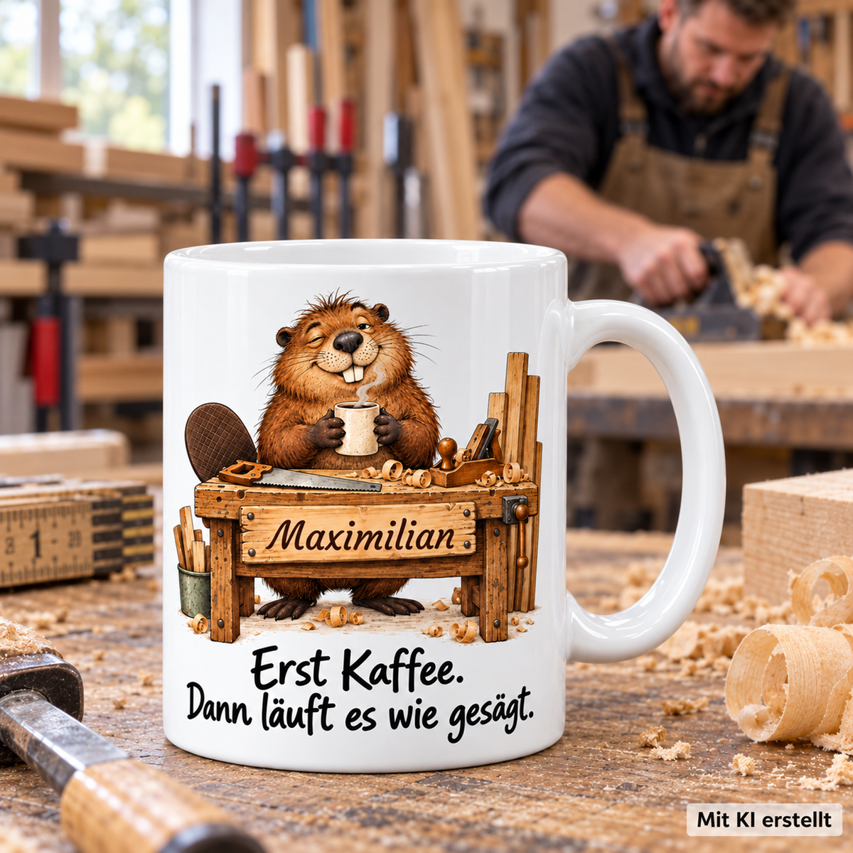 Personalisierte Tischlerei-Tasse mit Tiermotiv und Wunschname auf einer Arbeitsfläche; passende Berufsszene mit arbeitender Person unscharf im Hintergrund. Mit KI erstellt.