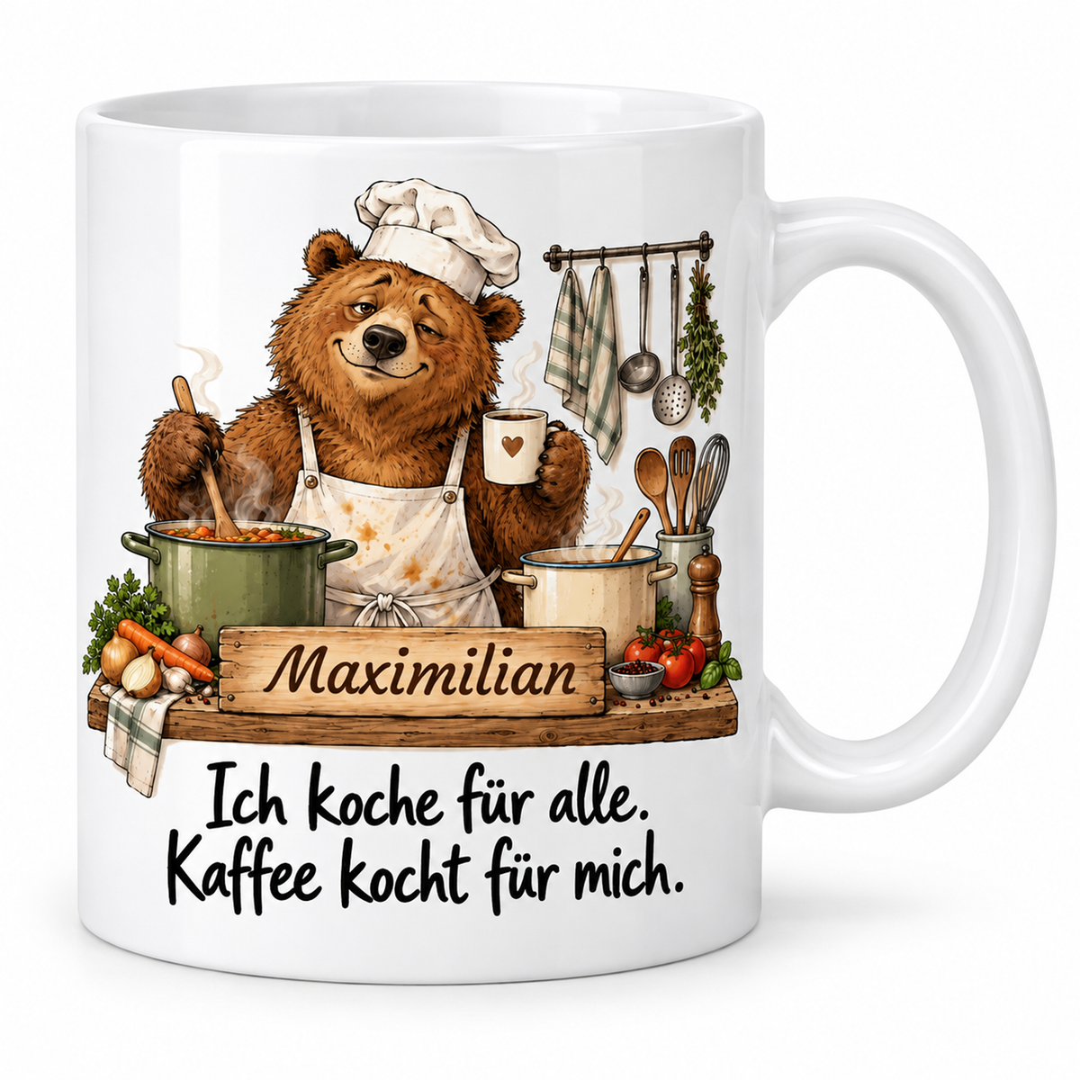 Kochberuf: weiße Tasse mit Bär-Berufsmotiv, Spruch und Beispielname Maximilian – Hauptansicht