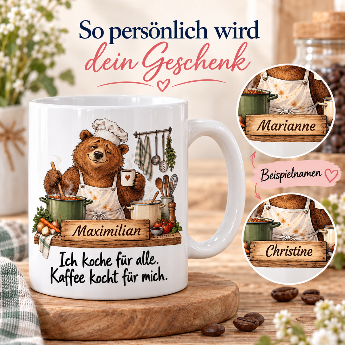 Kochberuf: weiße Tasse mit Bär-Berufsmotiv, Spruch und Beispielname Maximilian – Personalisierungsbeispiele