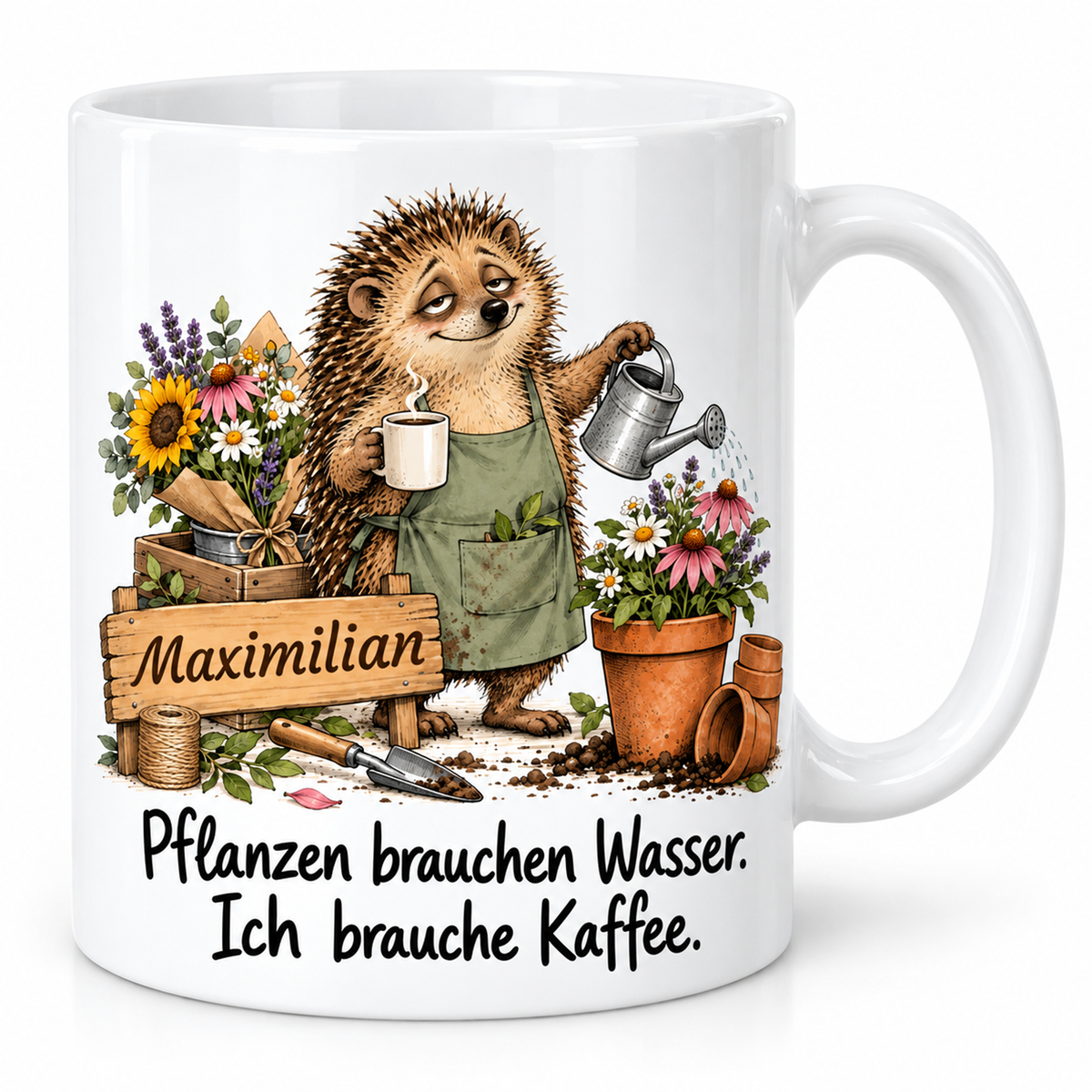 Gärtnerei: weiße Tasse mit Igel-Berufsmotiv, Spruch und Beispielname Maximilian – Hauptansicht