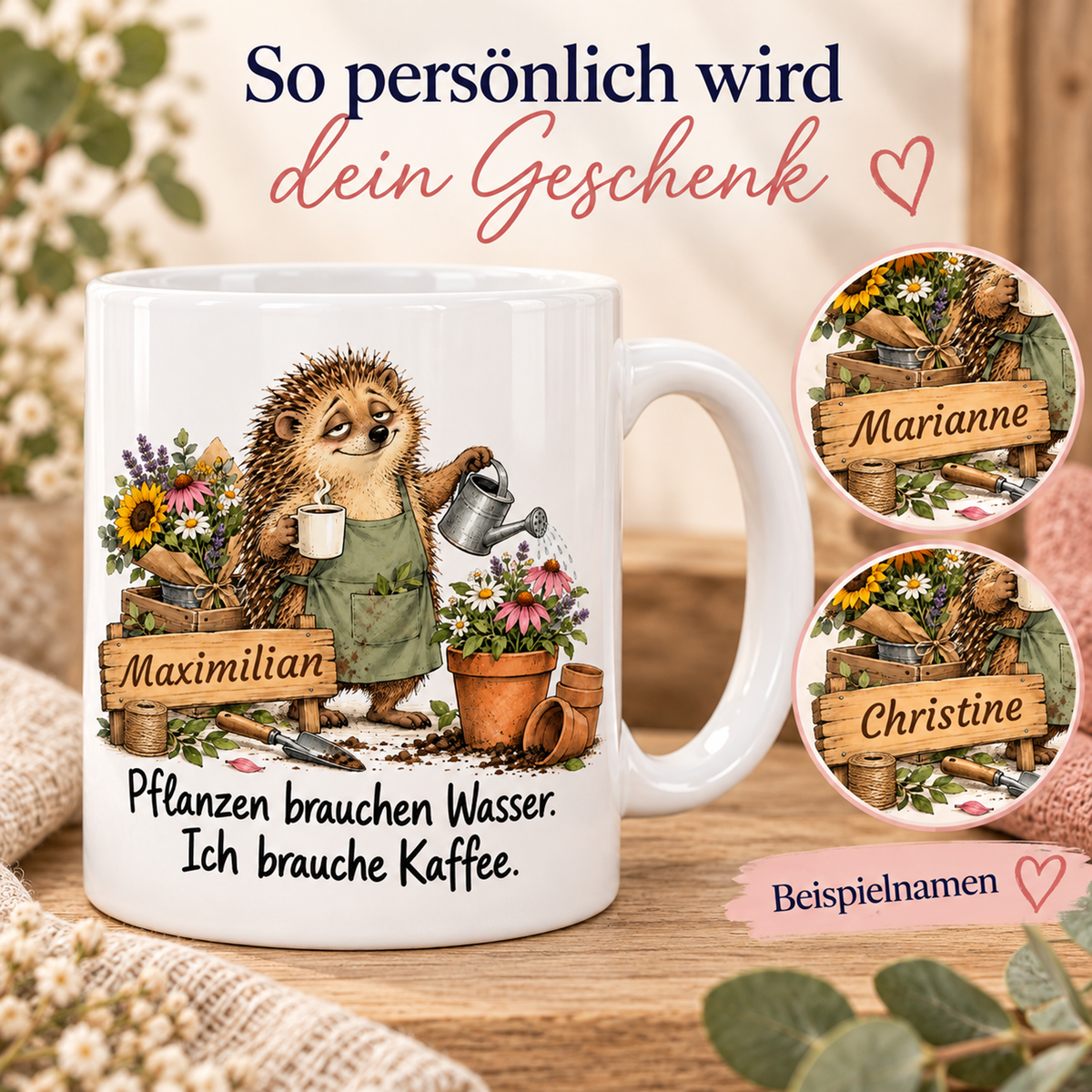Gärtnerei: weiße Tasse mit Igel-Berufsmotiv, Spruch und Beispielname Maximilian – Personalisierungsbeispiele