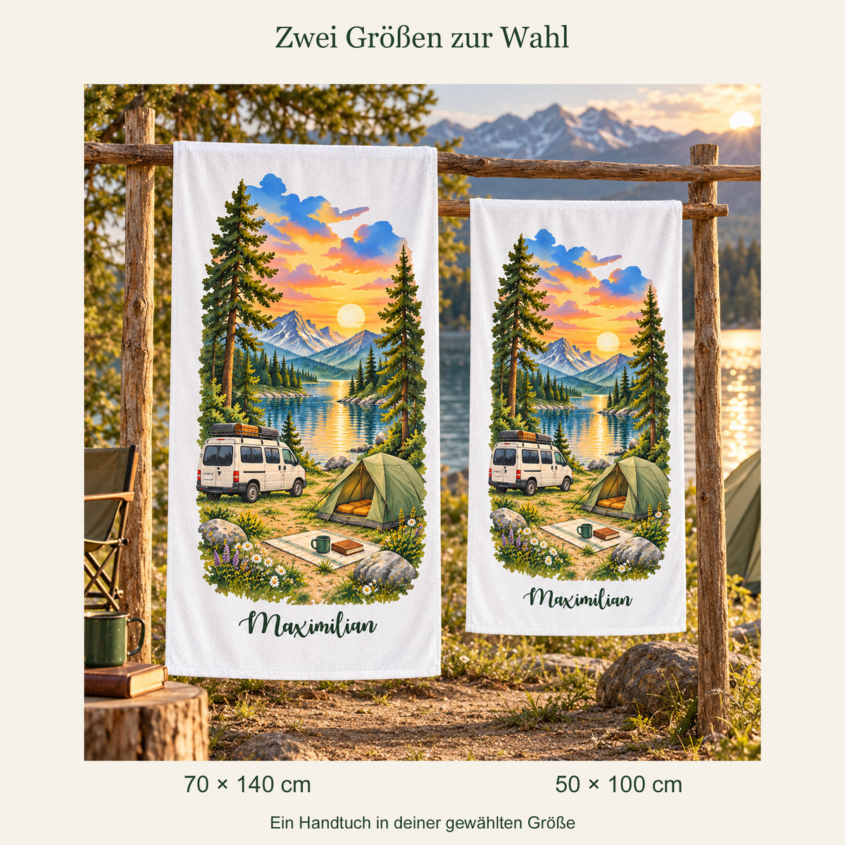 Camping-Handtuch Sonnenuntergang am Bergsee mit Wunschname – Ansicht 6