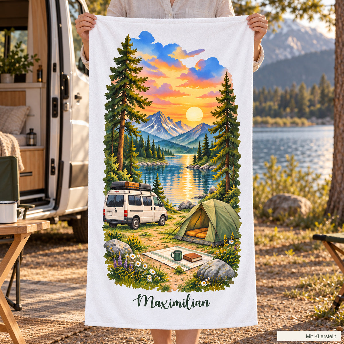 Camping-Handtuch Sonnenuntergang am Bergsee mit Wunschname – Ansicht 7
