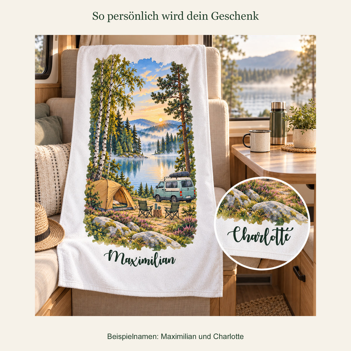 Camping-Handtuch Morgennebel am Waldsee mit Wunschname – Ansicht 5