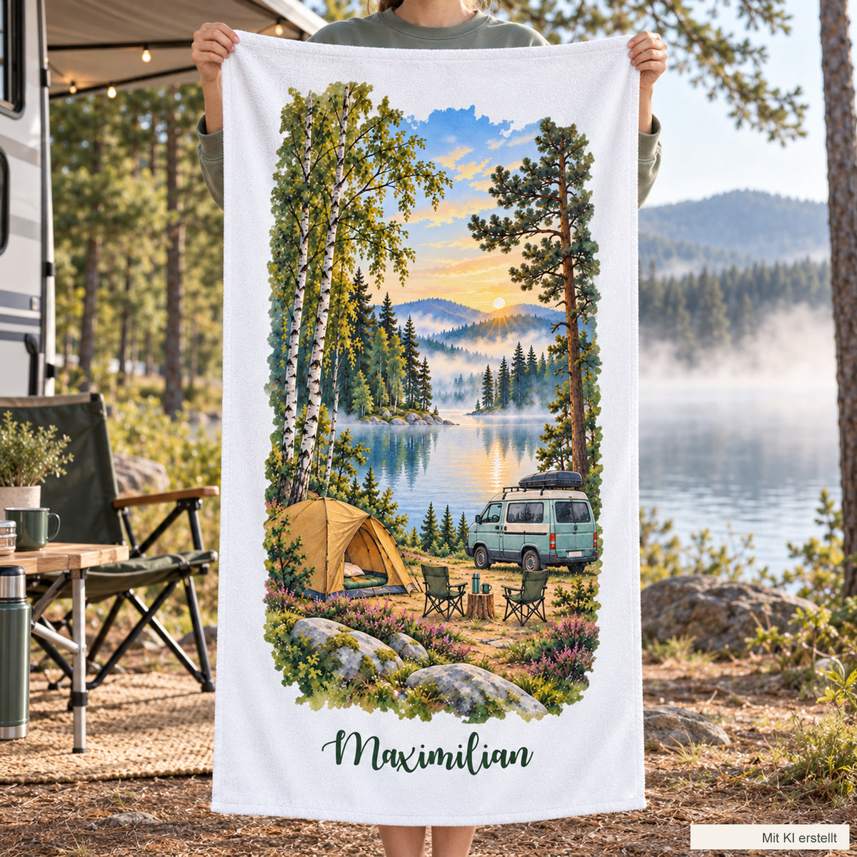 Camping-Handtuch Morgennebel am Waldsee mit Wunschname – Ansicht 7
