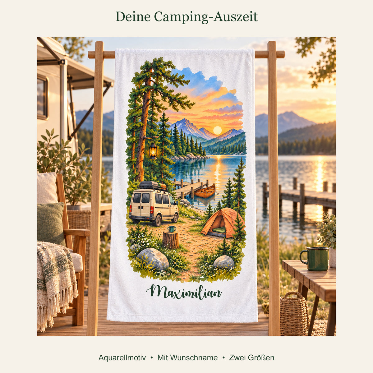 Camping-Handtuch Abendlicht am Steg mit Wunschname – Ansicht 4