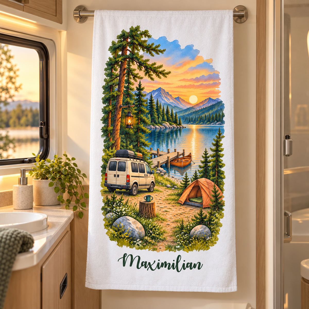 Camping-Handtuch Abendlicht am Steg mit Wunschname – Ansicht 8
