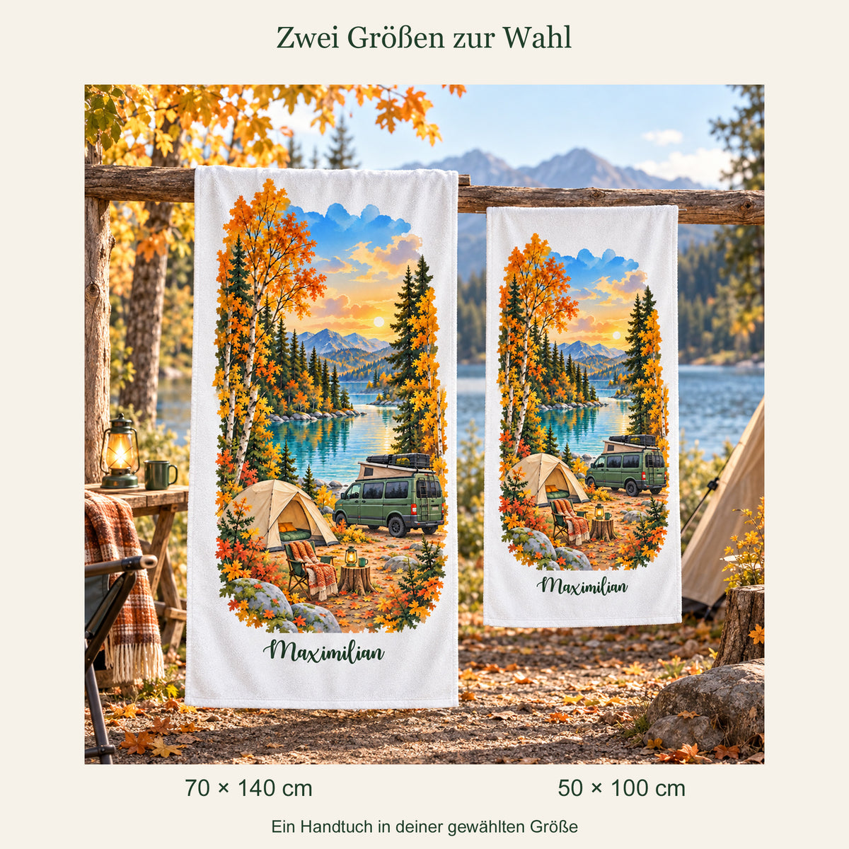 Camping-Handtuch Herbstliche Seebucht mit Wunschname – Ansicht 6