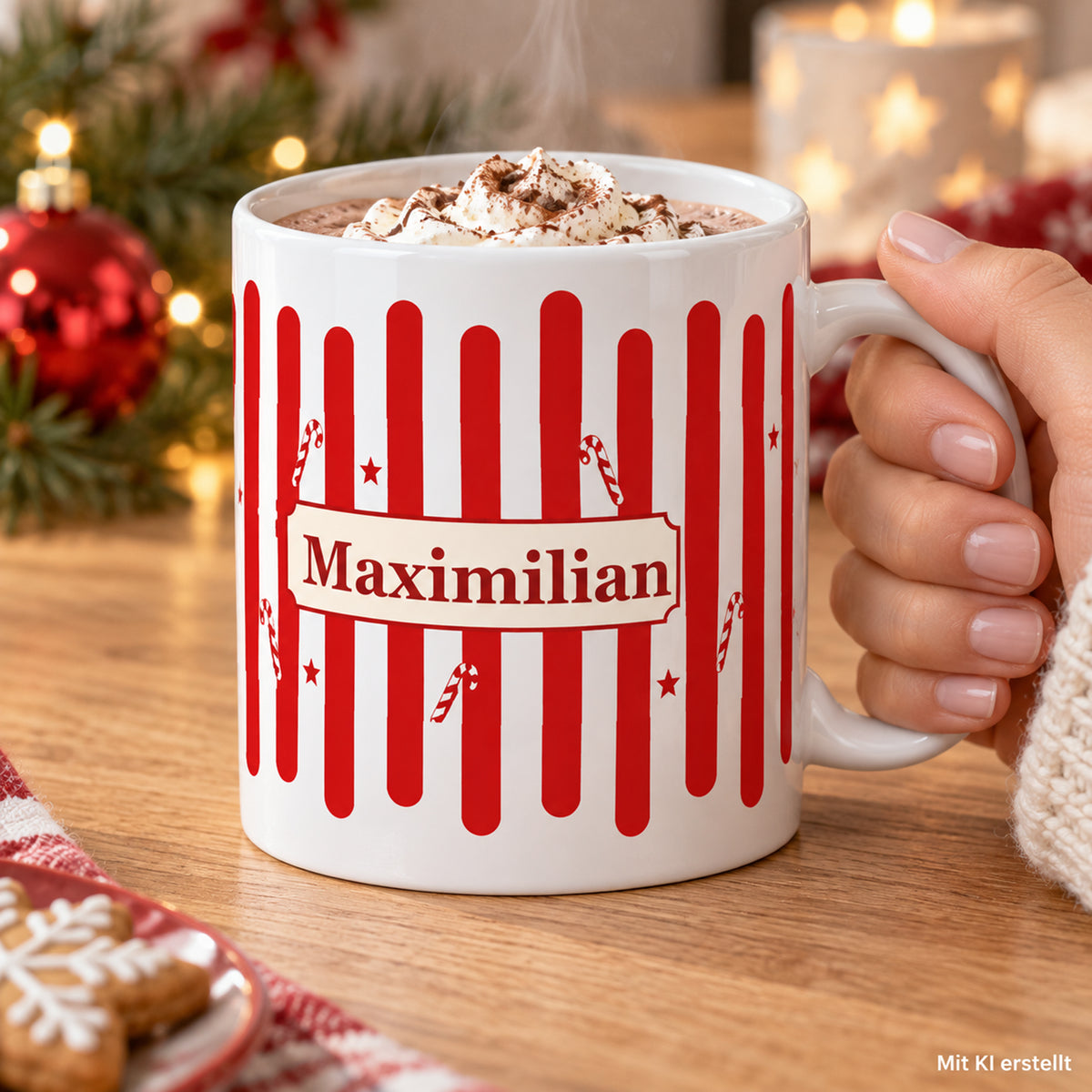 Weihnachtstasse Zuckerstange – Anwendung mit Händen mit Beispielname Maximilian