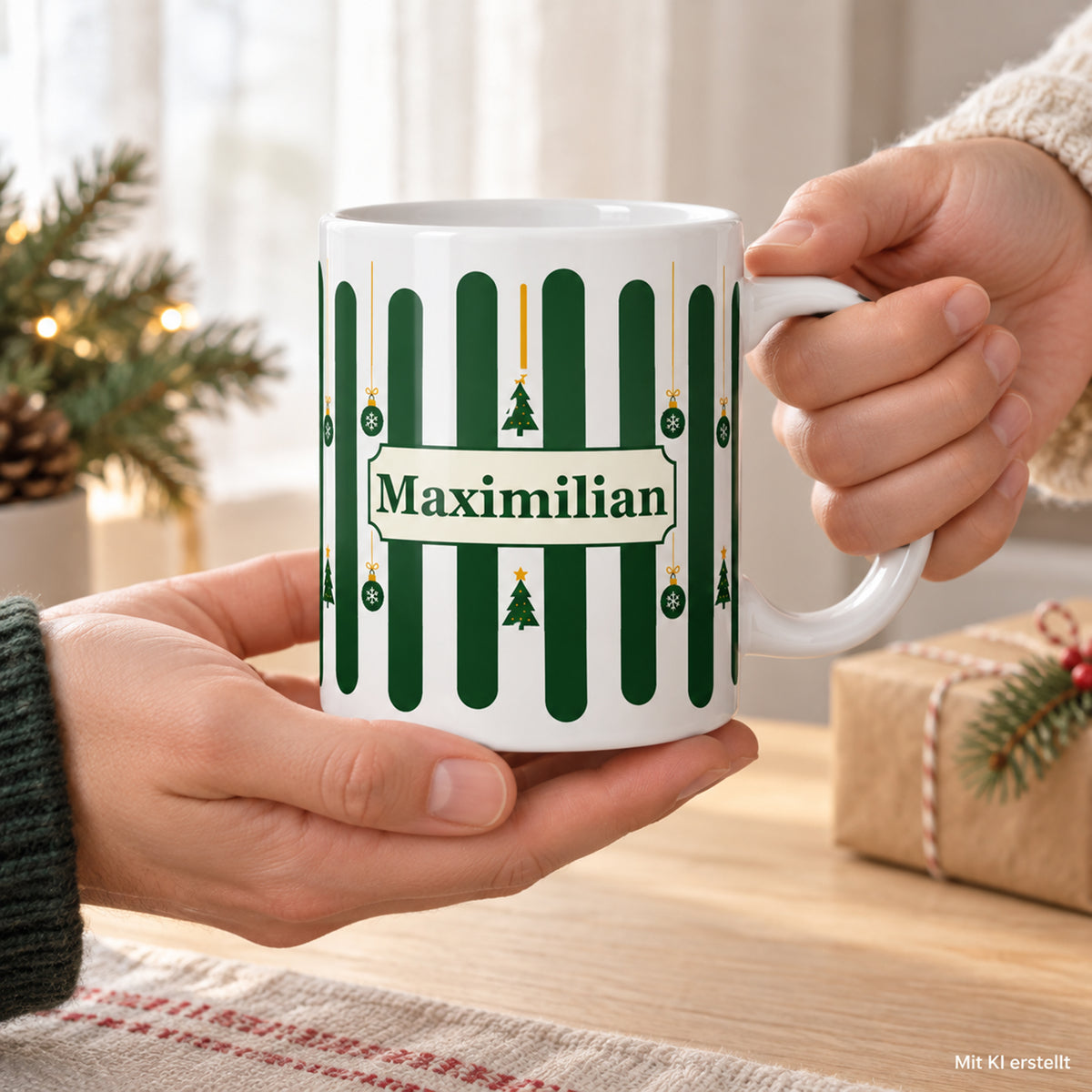 Weihnachtstasse Tannenwald – Anwendung mit Händen mit Beispielname Maximilian