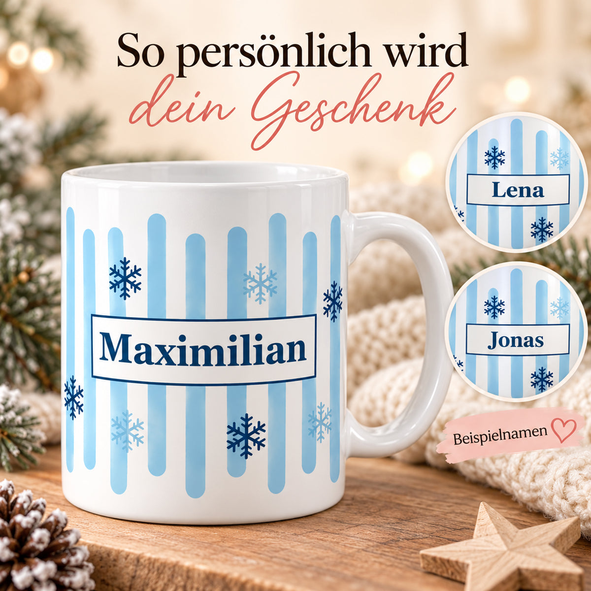 Weihnachtstasse Winterflocken – Personalisierung mit den Beispielnamen Maximilian, Lena und Jonas