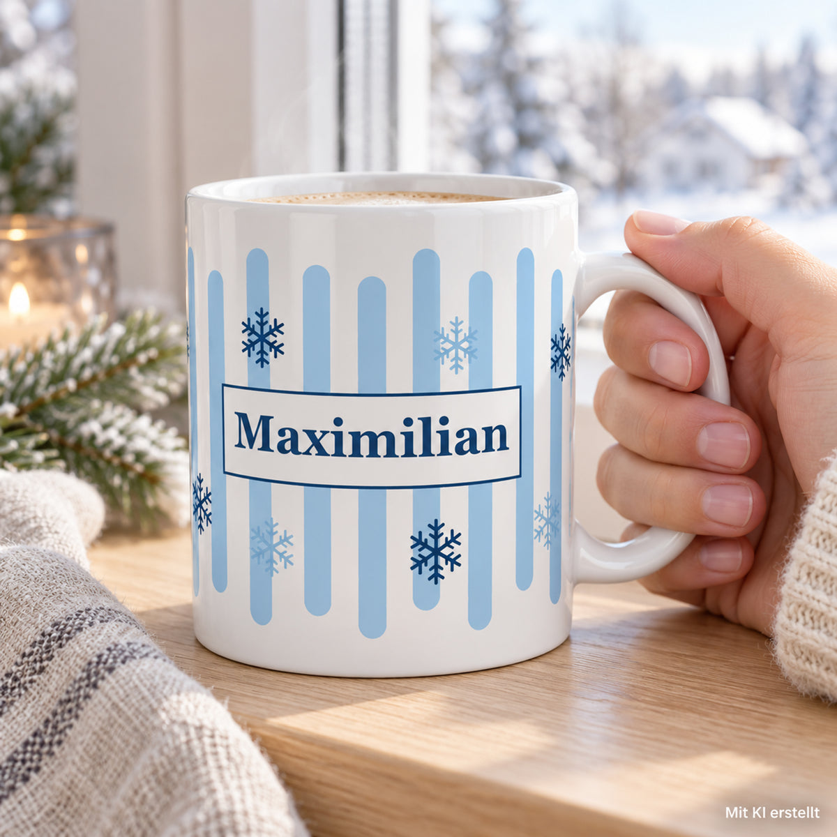 Weihnachtstasse Winterflocken – Anwendung mit Händen mit Beispielname Maximilian
