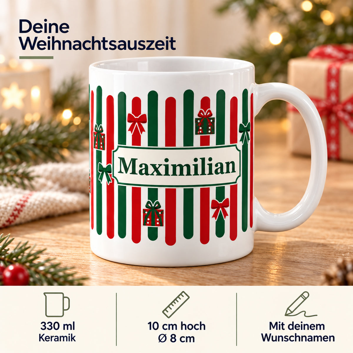Weihnachtstasse Geschenkband – Produktdetails mit Beispielname Maximilian