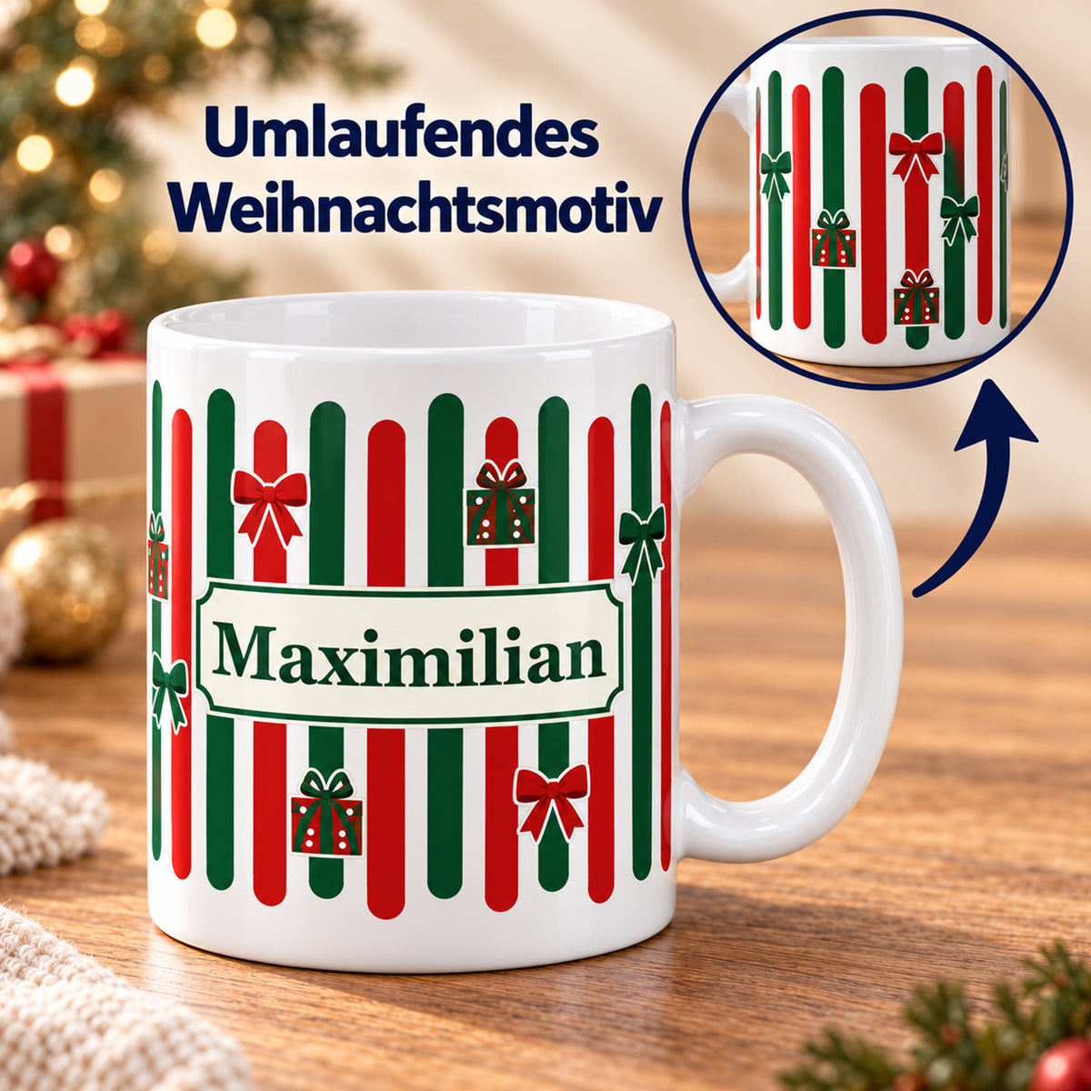 Weihnachtstasse Geschenkband – Umlaufender Druck mit Beispielname Maximilian