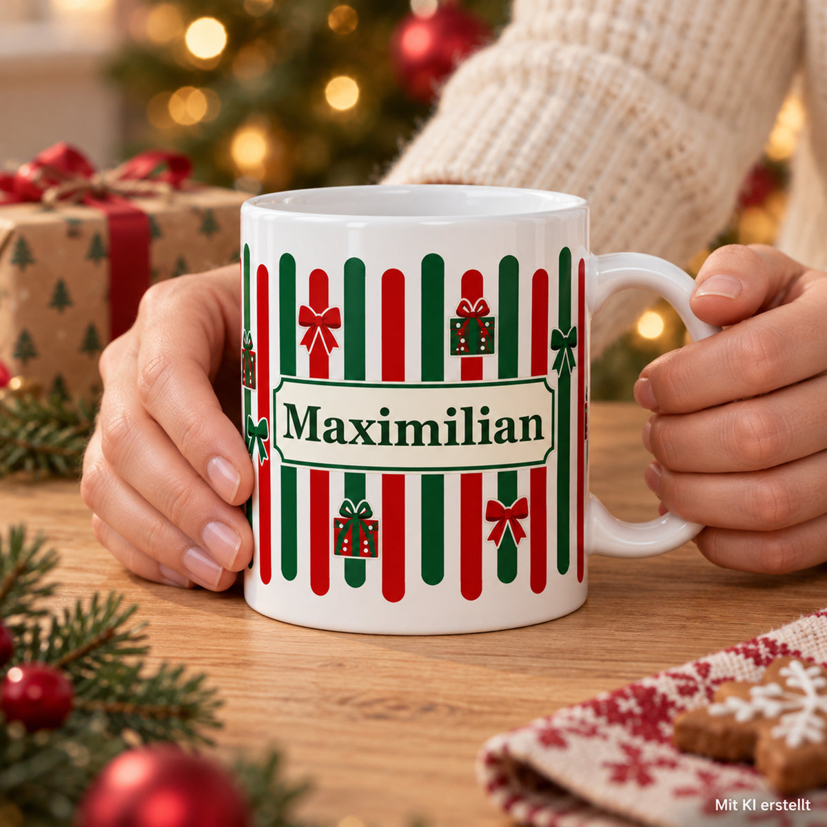 Weihnachtstasse Geschenkband – Anwendung mit Händen mit Beispielname Maximilian
