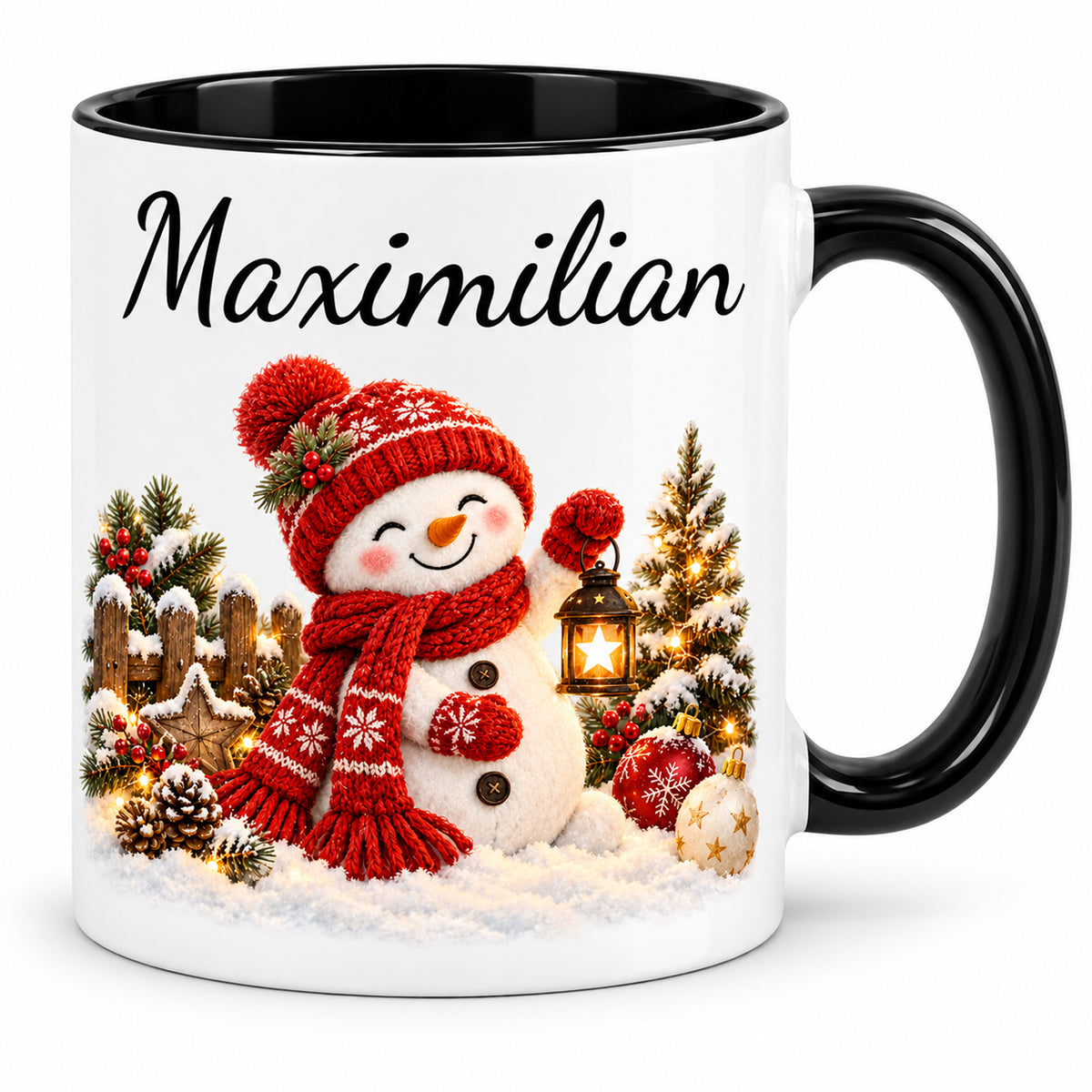 Hauptansicht: Schneemann-Tasse Laternenzauber, schwarzer Henkel, 330 ml, mit Beispielname Maximilian