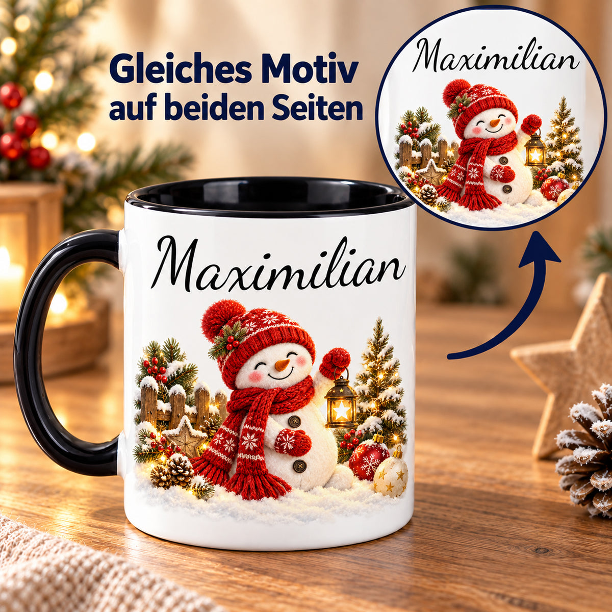 Gleiches Motiv auf beiden Seiten: Schneemann-Tasse Laternenzauber, schwarzer Henkel, 330 ml, mit Beispielname Maximilian