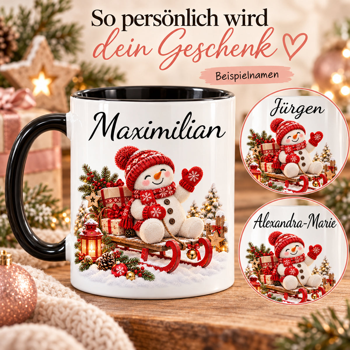 Personalisierung mit Beispielnamen: Schneemann-Tasse Schlittenfahrt, schwarzer Henkel, 330 ml, mit Beispielname Maximilian