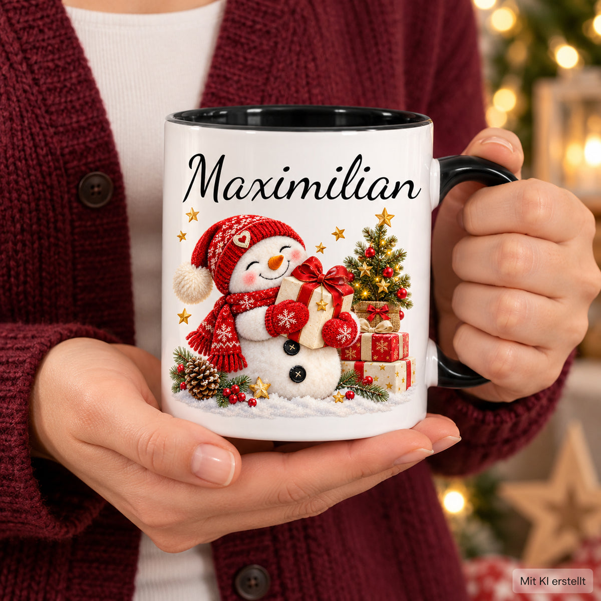Nutzungsszene: Schneemann-Tasse Geschenkfreude, schwarzer Henkel, 330 ml, mit Beispielname Maximilian