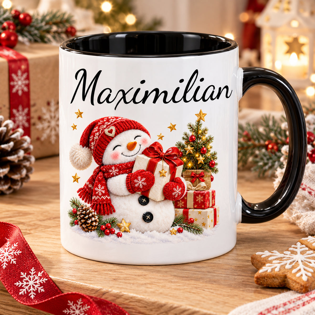 Winterliche Alltagsszene: Schneemann-Tasse Geschenkfreude, schwarzer Henkel, 330 ml, mit Beispielname Maximilian