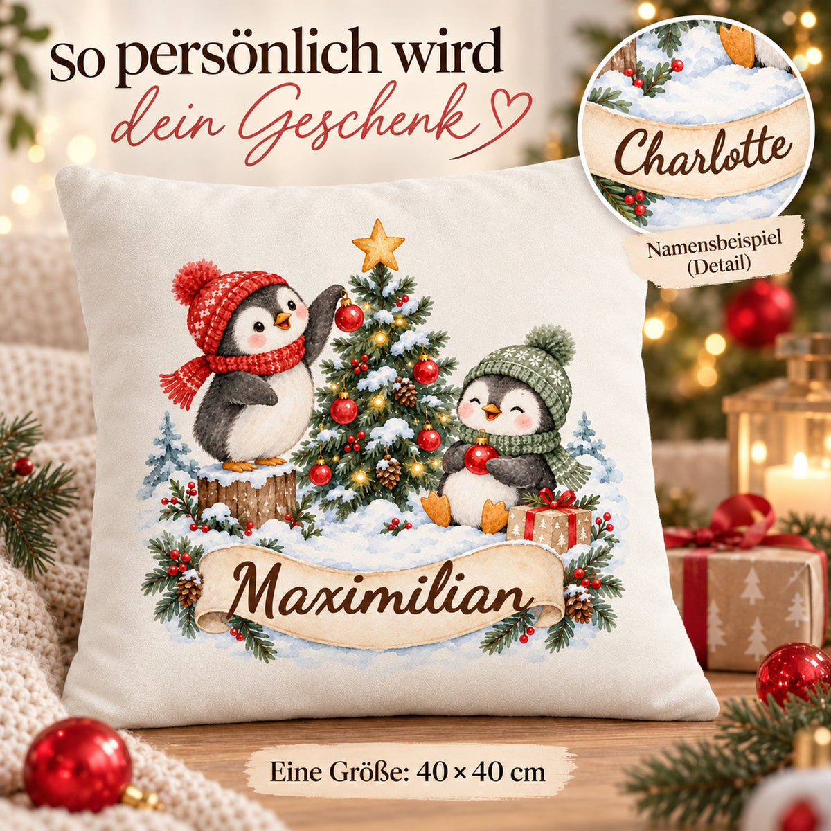 Weihnachts-Kissenbezug Pinguine mit Wunschname – Namensdetail