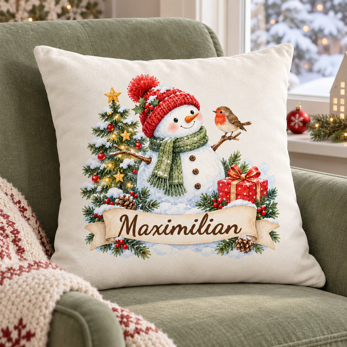 Weihnachts-Kissenbezug Schneemann mit Wunschname – Schrägansicht