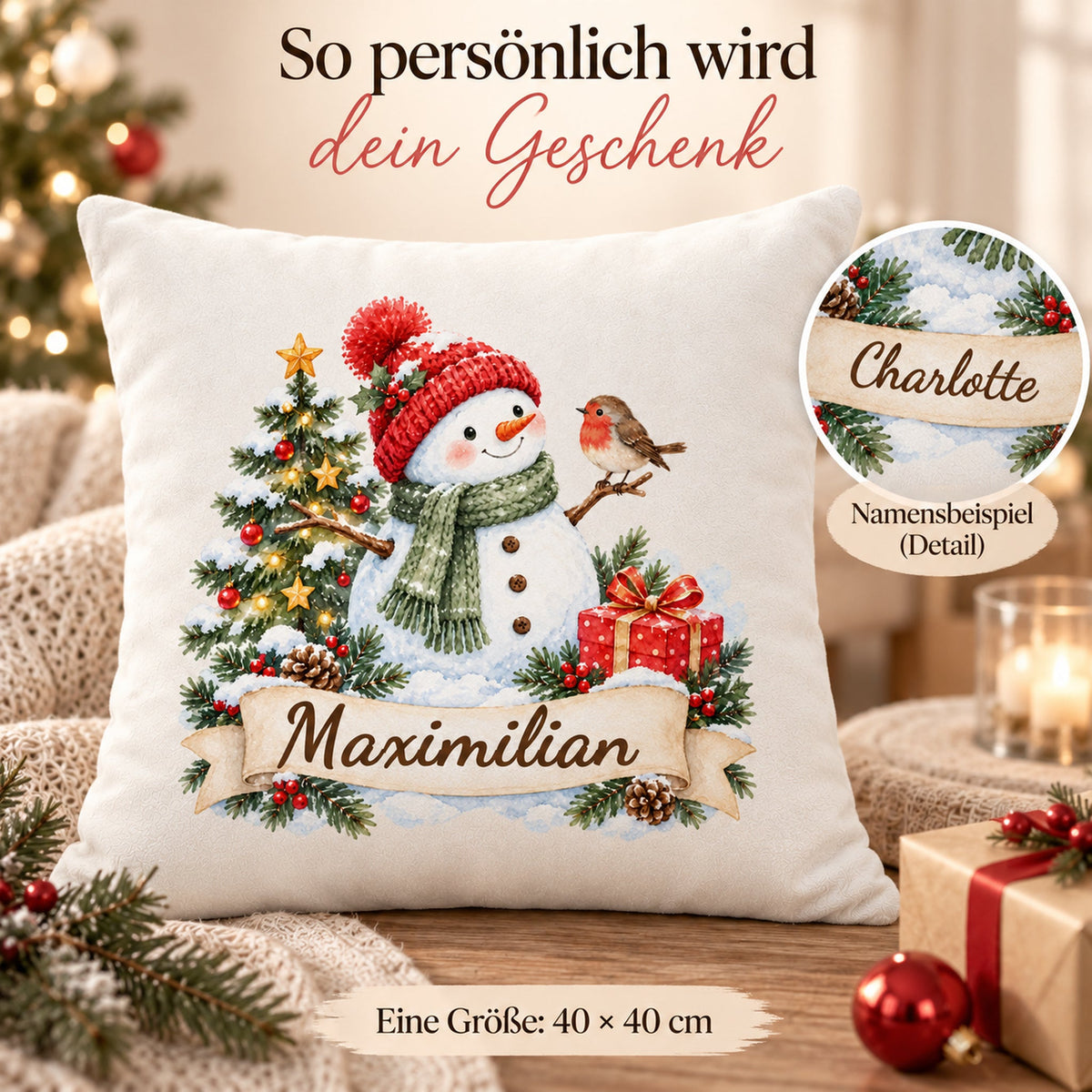 Weihnachts-Kissenbezug Schneemann mit Wunschname – Namensdetail