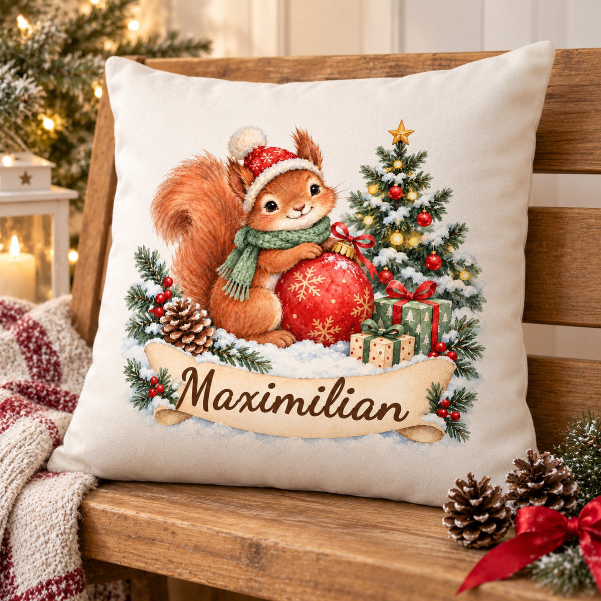 Weihnachts-Kissenbezug Eichhörnchen mit Wunschname – Schrägansicht